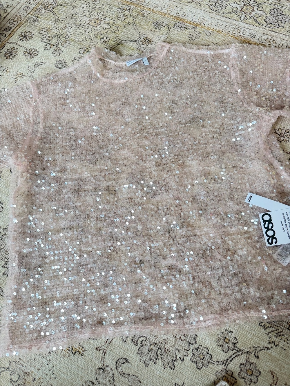 NWT ASOS Sequin Short Sleeve Top in Light Pink